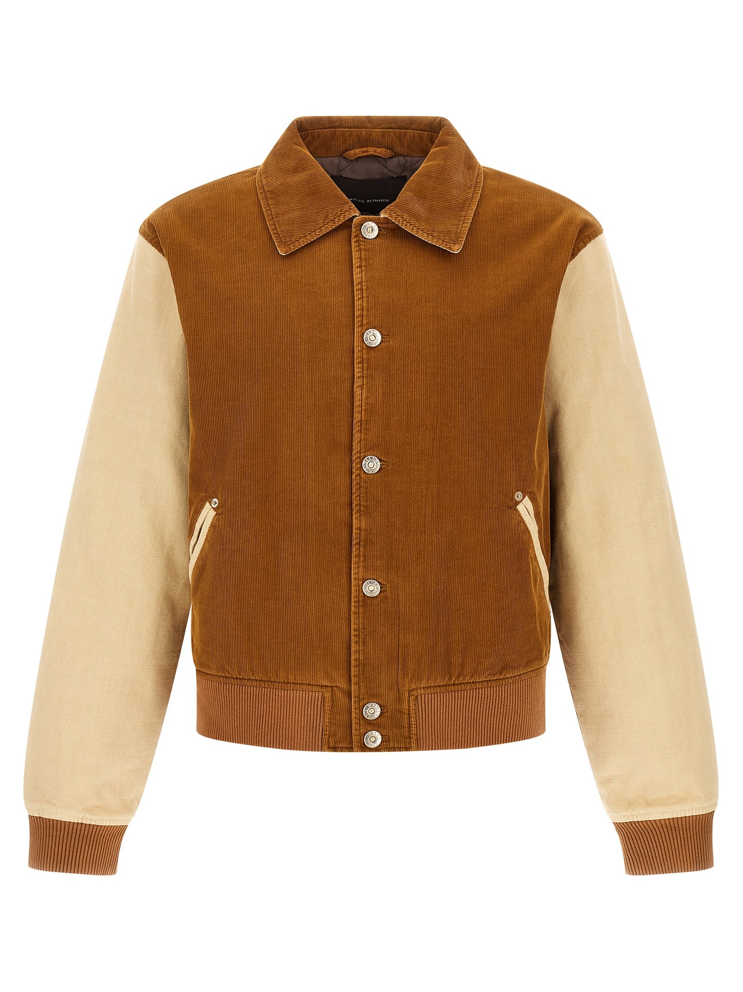 This Bomber Jacket by WALES BONNER for men in cotton corduroy brown exhibits a edgy silhouette, meticulously detailed with functional pockets & insulated and a edgy wrap shirt-collar neckline for a edgy finish.