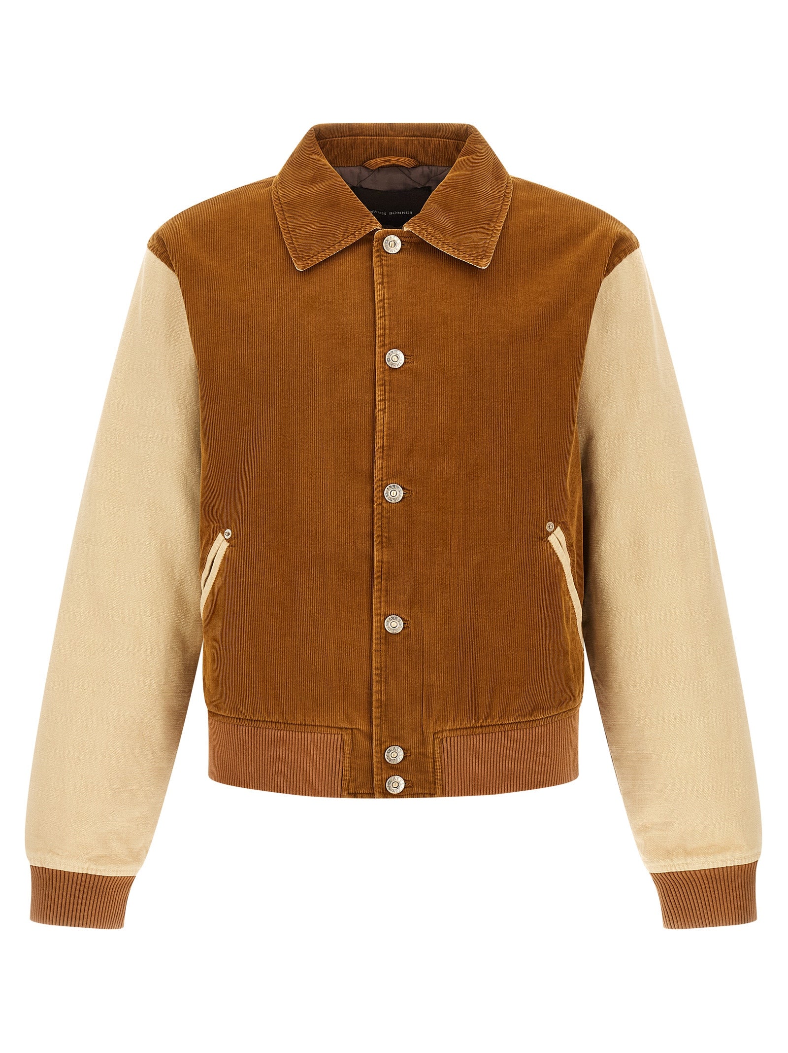 This Bomber Jacket by WALES BONNER for men in cotton corduroy brown exhibits a edgy silhouette, meticulously detailed with functional pockets & insulated and a edgy wrap shirt-collar neckline for a edgy finish.