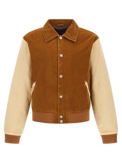 This Bomber Jacket by WALES BONNER for men in cotton corduroy brown exhibits a edgy silhouette, meticulously detailed with functional pockets & insulated and a edgy wrap shirt-collar neckline for a edgy finish.