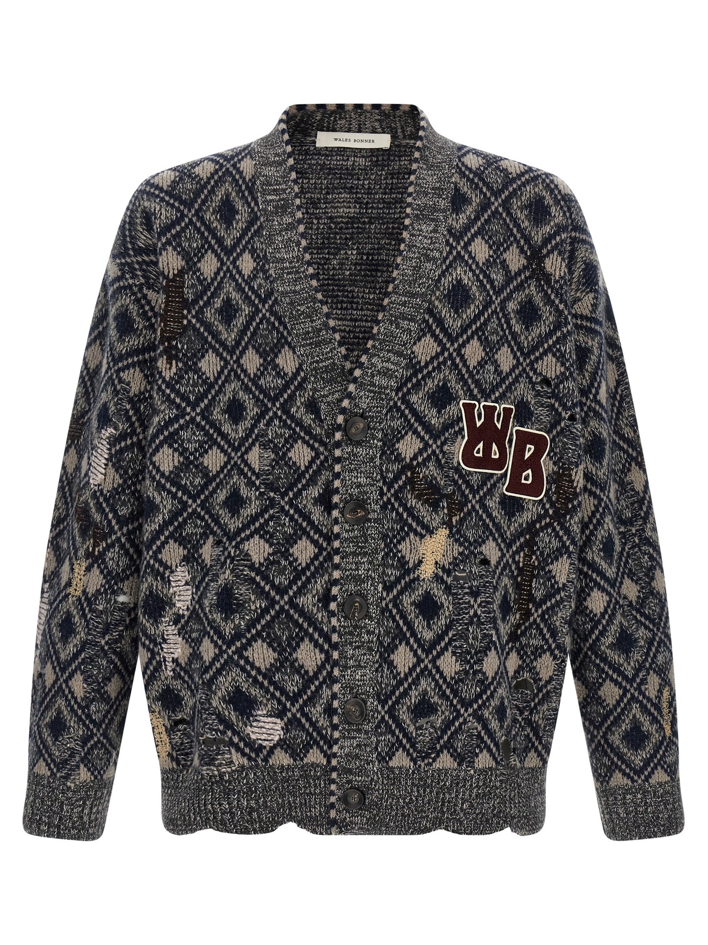 Cardigan by WALES BONNER for men in merino wool multicolor showcases a captivating silhouette, artfully detailed with a captivating long-sleeve and v-neck neckline for a truly sophisticated captivating look.