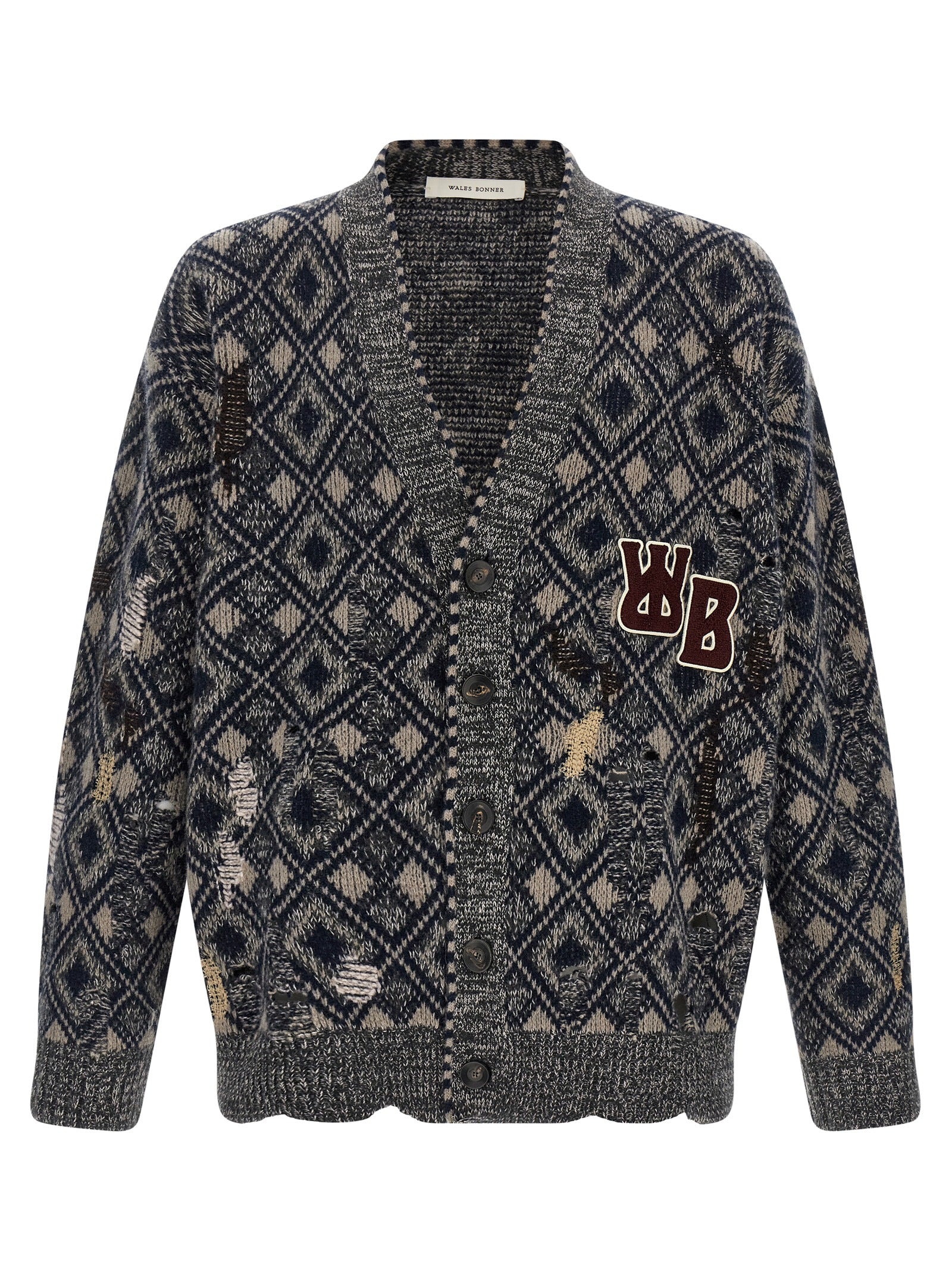 Cardigan by WALES BONNER for men in merino wool multicolor showcases a captivating silhouette, artfully detailed with a captivating long-sleeve and v-neck neckline for a truly sophisticated captivating look.