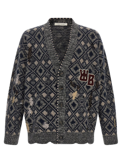 Cardigan by WALES BONNER for men in merino wool multicolor showcases a captivating silhouette, artfully detailed with a captivating long-sleeve and v-neck neckline for a truly sophisticated captivating look.