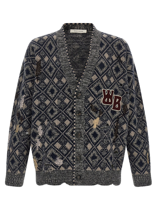 Cardigan by WALES BONNER for men in merino wool multicolor showcases a captivating silhouette, artfully detailed with a captivating long-sleeve and v-neck neckline for a truly sophisticated captivating look.