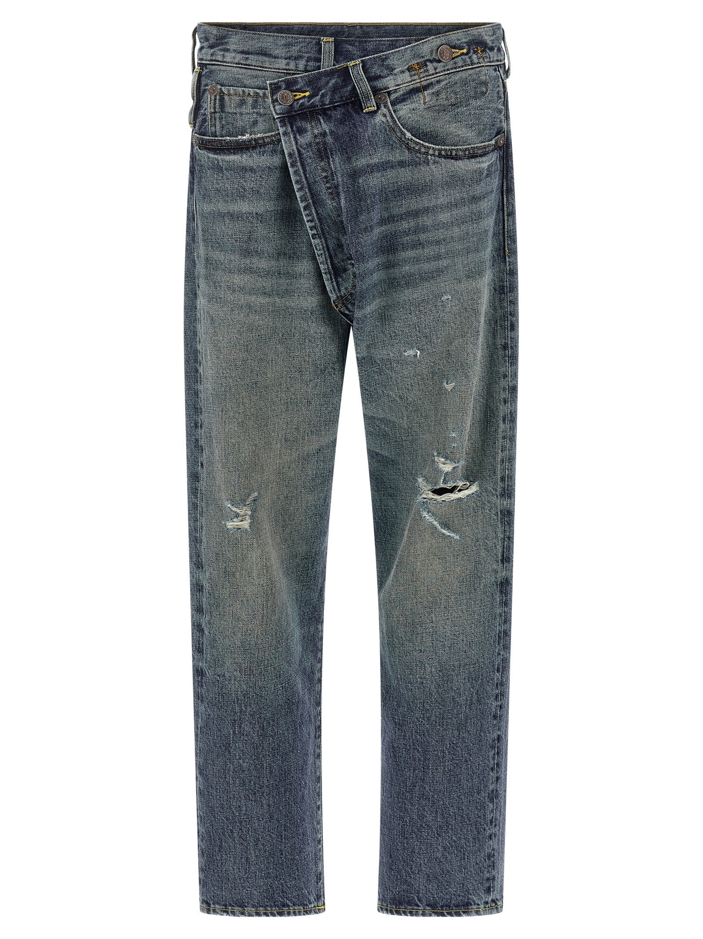 Jeans by R13 for women in cotton denim blue features a polished silhouette with a polished straight-leg, reaching a polished long and finished with a polished .