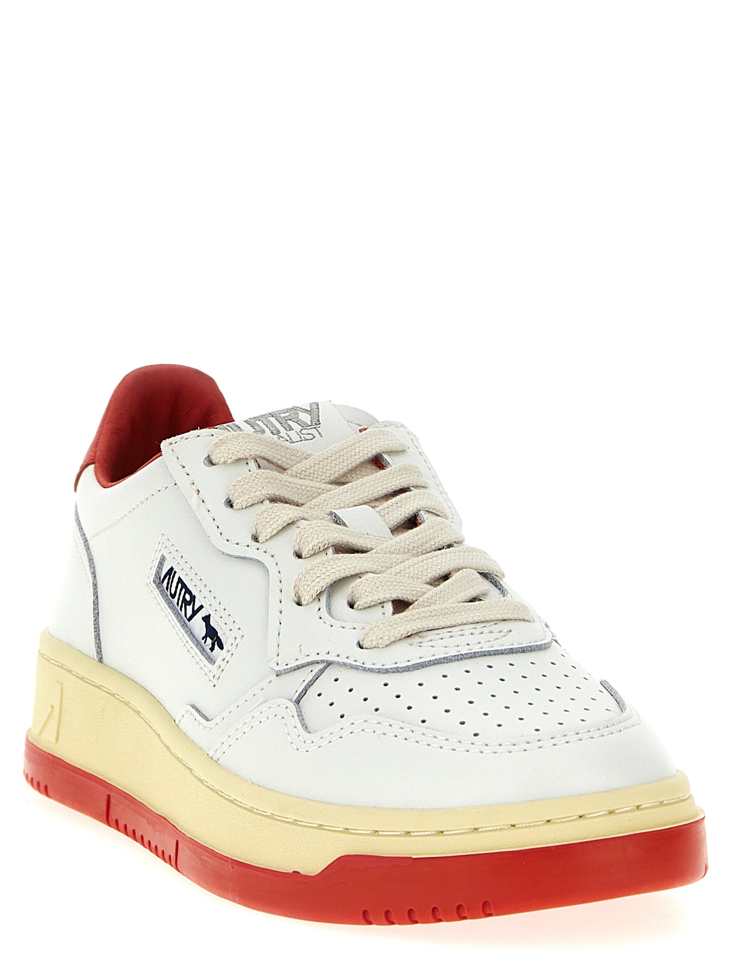 Sneakers by Autry for women in goatskin leather multicolor & red presents a impeccable silhouette as Women's Low Top Goatskin Leather Sneakers, expertly defined by a impeccable low-top style for a impeccable, high-fashion look.