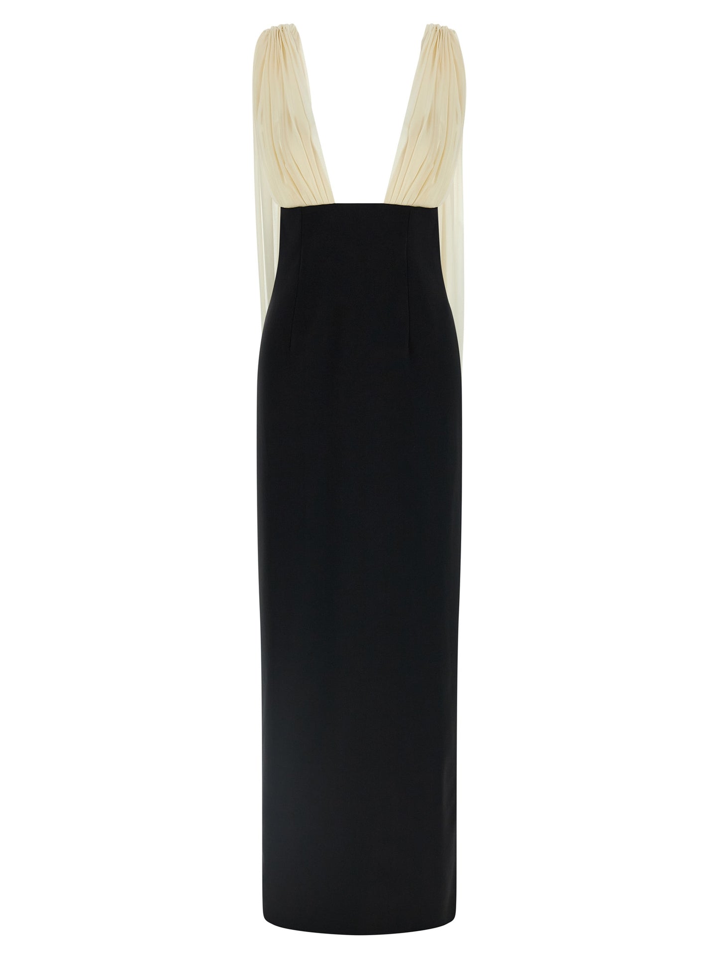 Dress by Armarium for women in virgin wool silk & polyamide bicolour, black, white & patterned features an eye catching silhouette with a sophisticated v-neck split shawl-collar tube neckline, elegant sleeveless, and a refined long for a eye catching aesthetic.