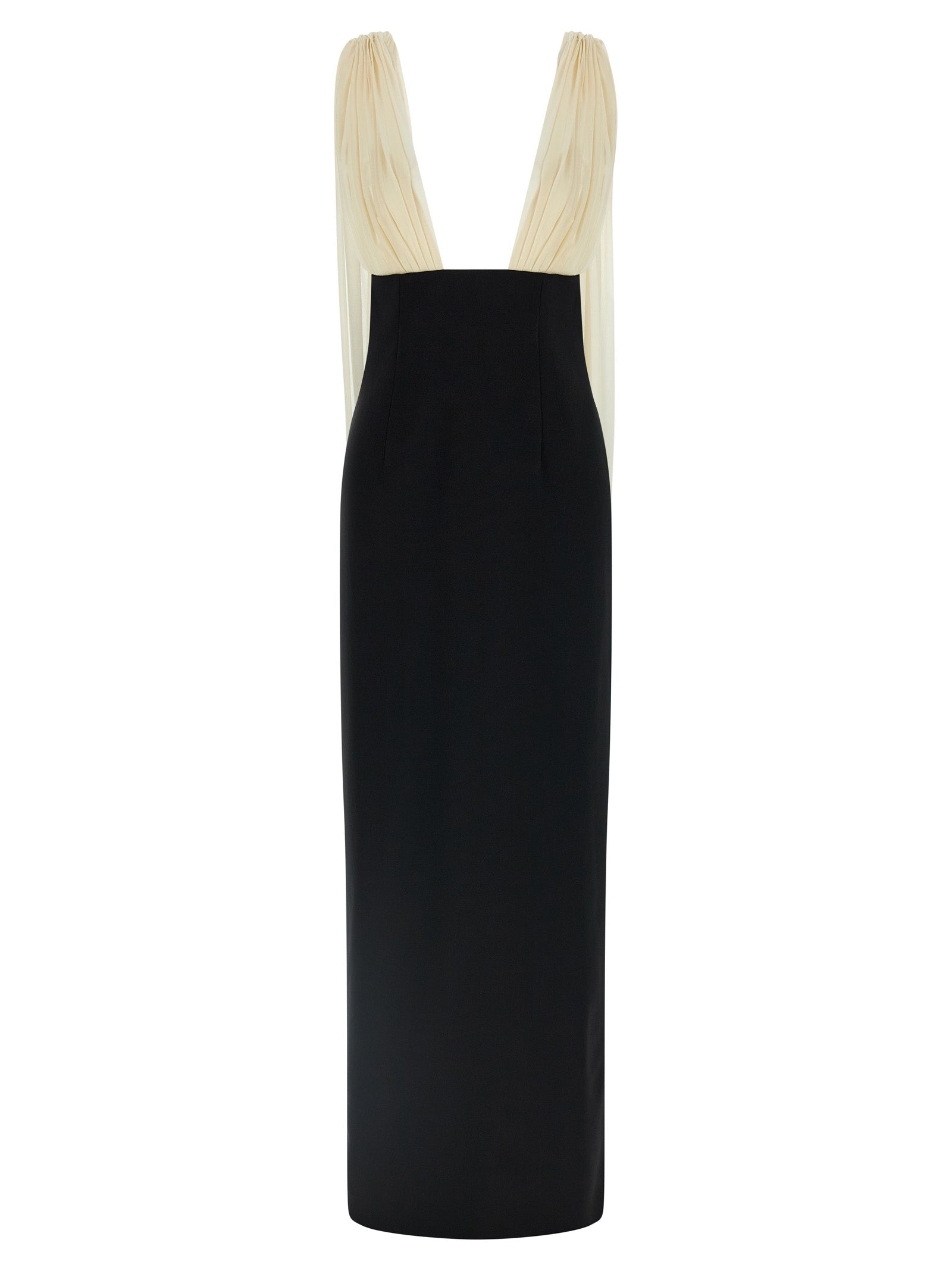 Dress by Armarium for women in virgin wool silk & polyamide bicolour, black, white & patterned features an eye catching silhouette with a sophisticated v-neck split shawl-collar tube neckline, elegant sleeveless, and a refined long for a eye catching aesthetic.
