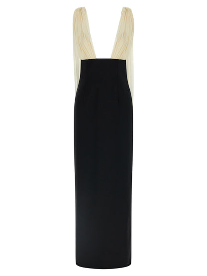 Dress by Armarium for women in virgin wool silk & polyamide bicolour, black, white & patterned features an eye catching silhouette with a sophisticated v-neck split shawl-collar tube neckline, elegant sleeveless, and a refined long for a eye catching aesthetic.