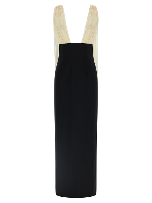 Dress by Armarium for women in virgin wool silk & polyamide bicolour, black, white & patterned features an eye catching silhouette with a sophisticated v-neck split shawl-collar tube neckline, elegant sleeveless, and a refined long for a eye catching aesthetic.