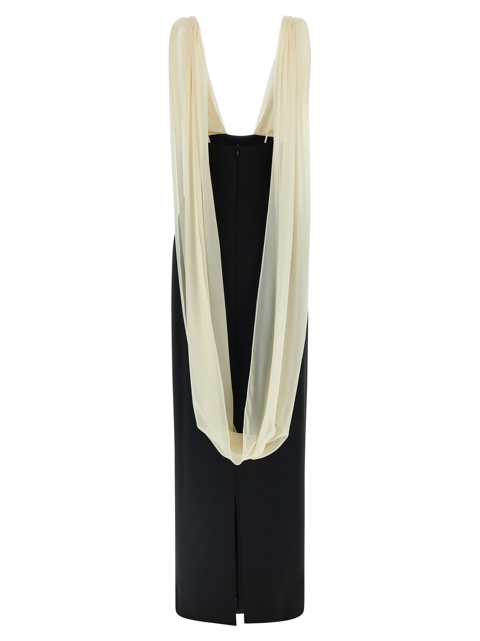 Dress by Armarium for women in virgin wool silk & polyamide bicolour, black, white & patterned presents a sinuous silhouette, showcasing a sophisticated v-neck split shawl-collar tube neckline and detailed with a sinuous long for a refined finish.