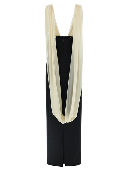 Dress by Armarium for women in virgin wool silk & polyamide bicolour, black, white & patterned presents a sinuous silhouette, showcasing a sophisticated v-neck split shawl-collar tube neckline and detailed with a sinuous long for a refined finish.