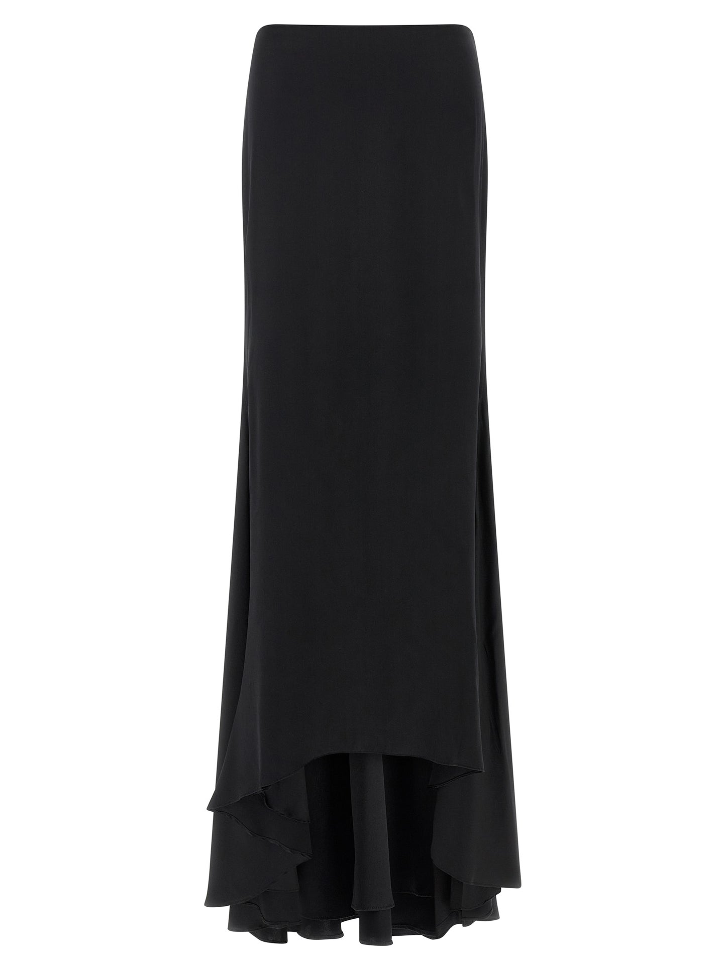 Skirt by Armarium for women in silk satin black showcases a sultry silhouette, elegantly defined by its mini and the sophisticated sultry design of the Women's Gathered Asymmetrical Silk Satin Mini Skirt.