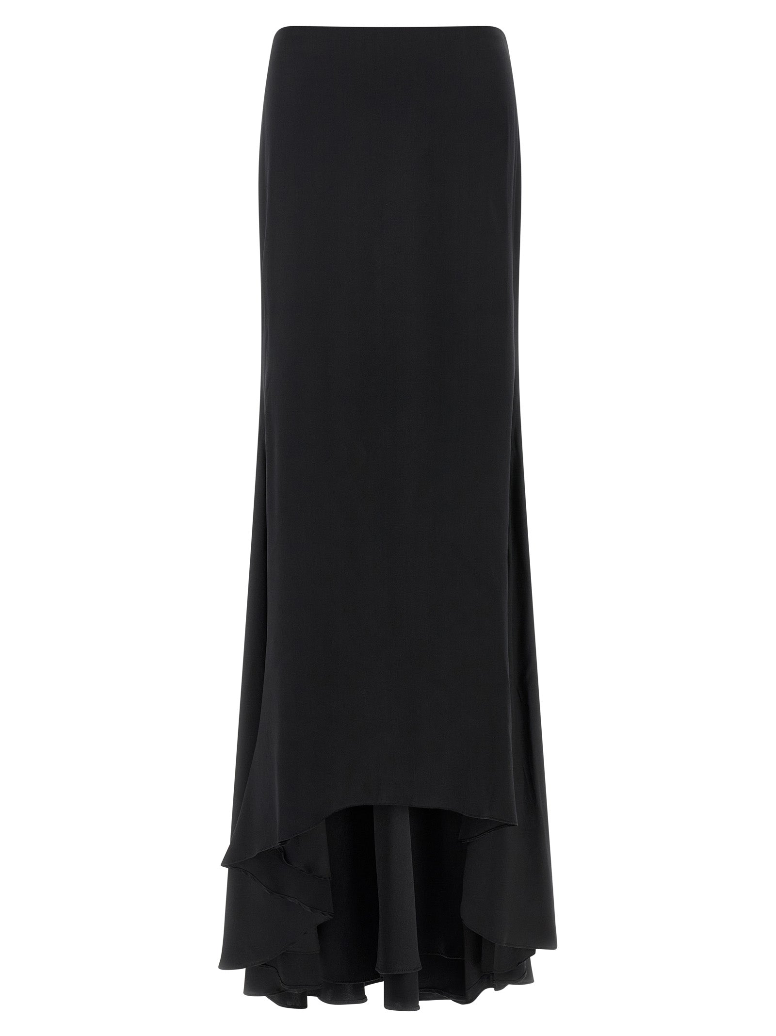 Skirt by Armarium for women in silk satin black showcases a sultry silhouette, elegantly defined by its mini and the sophisticated sultry design of the Women's Gathered Asymmetrical Silk Satin Mini Skirt.