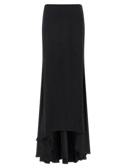Skirt by Armarium for women in silk satin black showcases a sultry silhouette, elegantly defined by its mini and the sophisticated sultry design of the Women's Gathered Asymmetrical Silk Satin Mini Skirt.