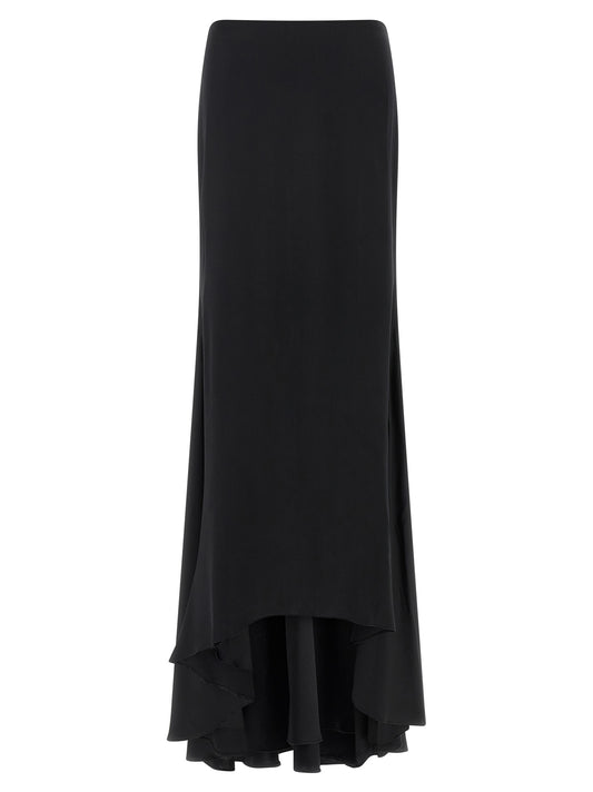 Skirt by Armarium for women in silk satin black showcases a sultry silhouette, elegantly defined by its mini and the sophisticated sultry design of the Women's Gathered Asymmetrical Silk Satin Mini Skirt.