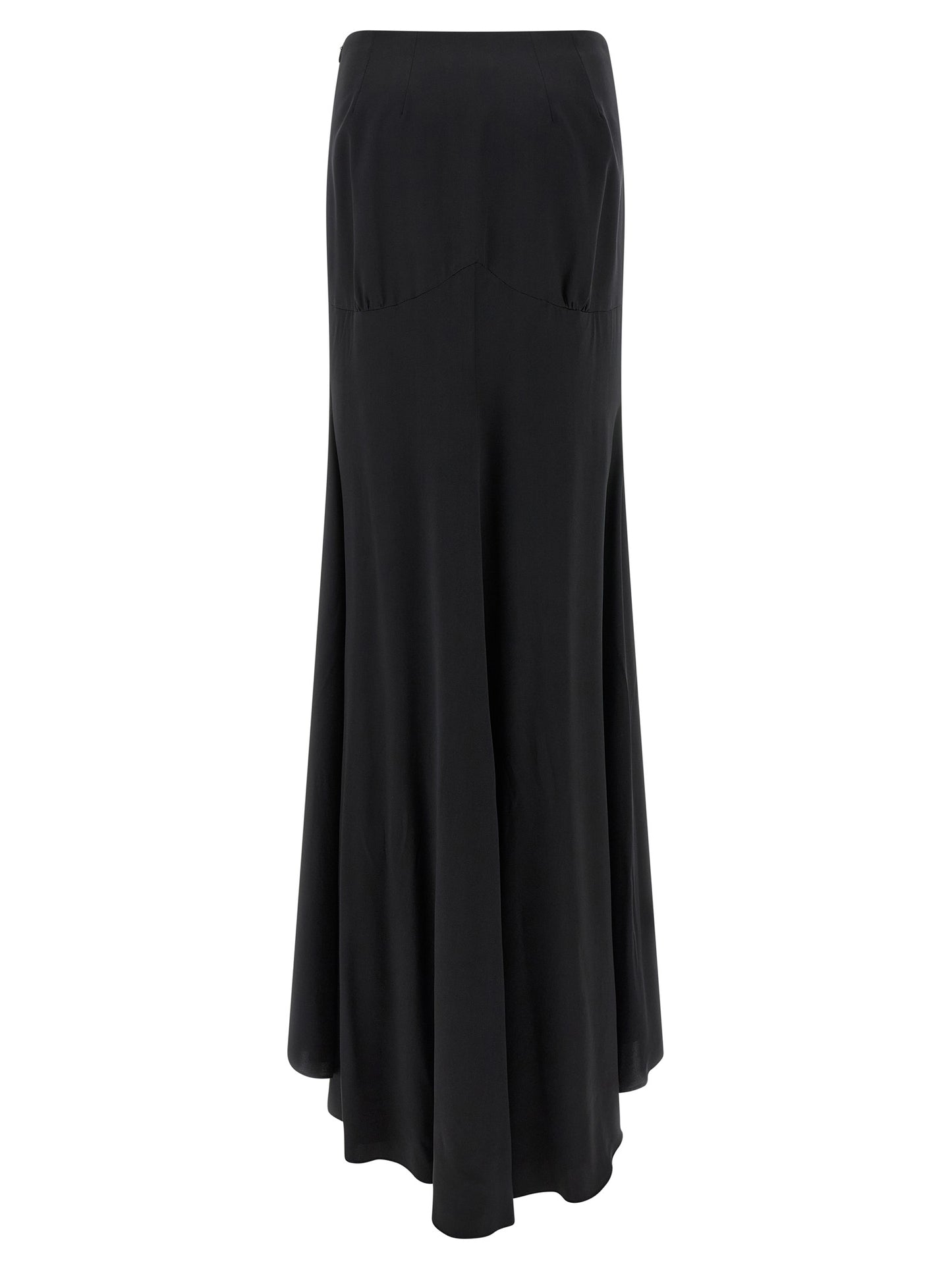 Skirt by Armarium for women in silk satin black features an tailored silhouette, artfully capturing the essence of Women's Gathered Asymmetrical Silk Satin Mini Skirt in a sophisticated mini.