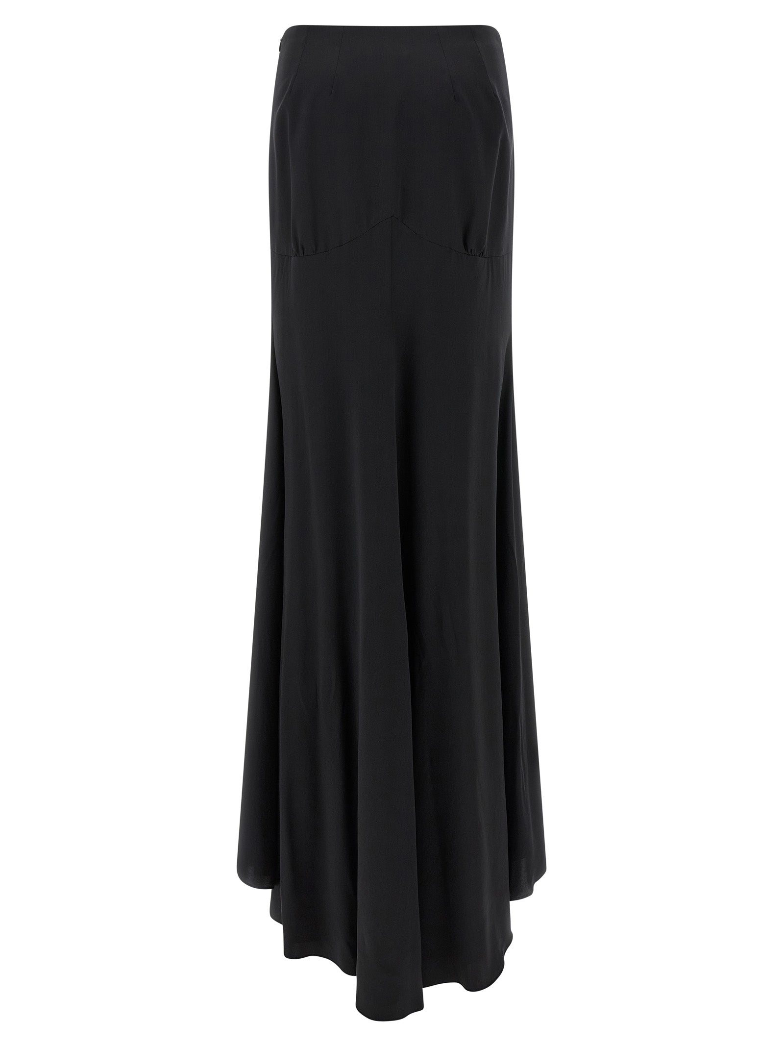 Skirt by Armarium for women in silk satin black features an tailored silhouette, artfully capturing the essence of Women's Gathered Asymmetrical Silk Satin Mini Skirt in a sophisticated mini.