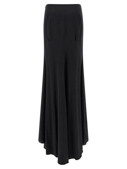 Skirt by Armarium for women in silk satin black features an tailored silhouette, artfully capturing the essence of Women's Gathered Asymmetrical Silk Satin Mini Skirt in a sophisticated mini.