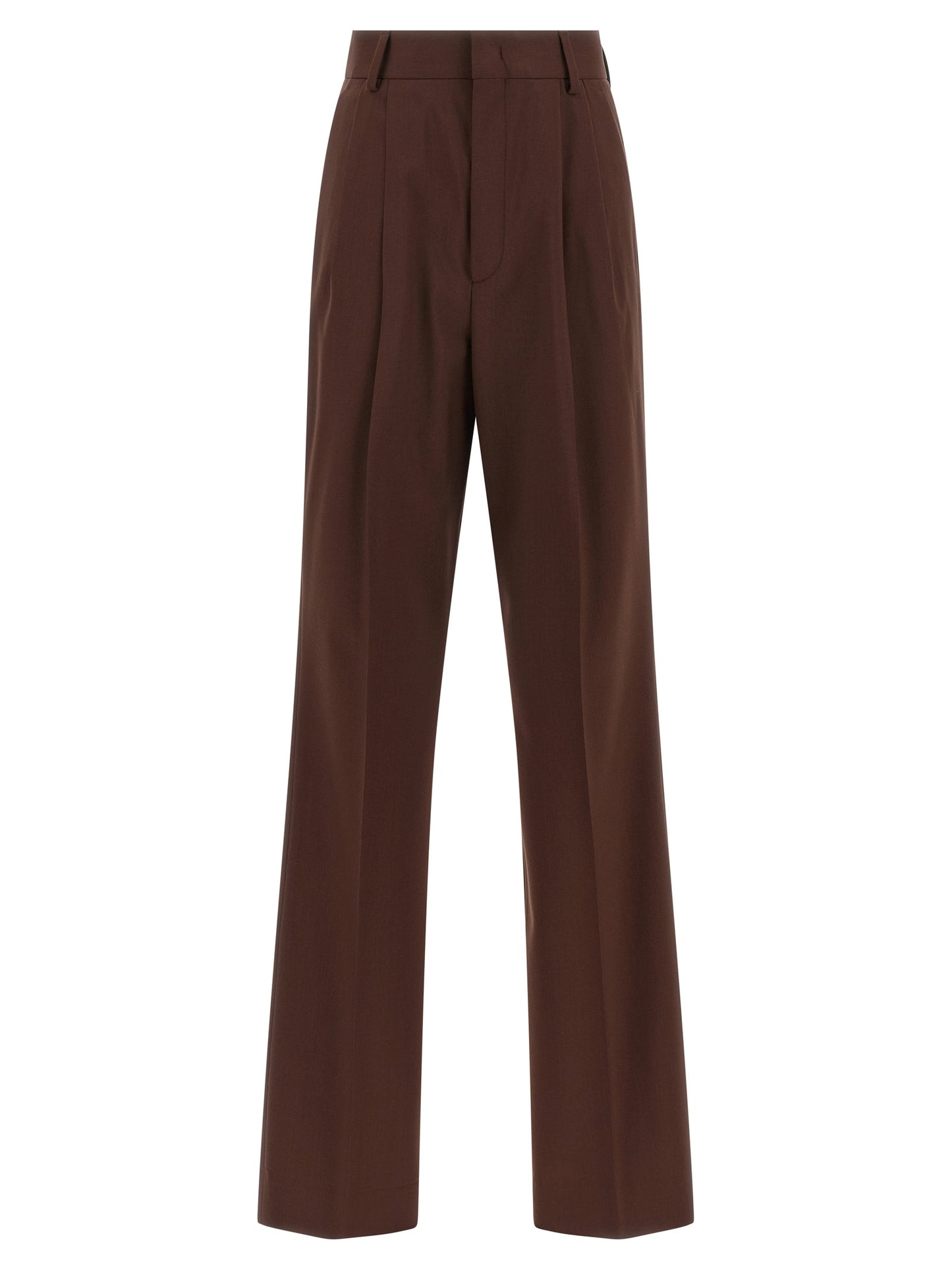 Trousers by Armarium for women in virgin wool brown features a tailored silhouette with a tailored straight-leg, defined by its long and a sophisticated .