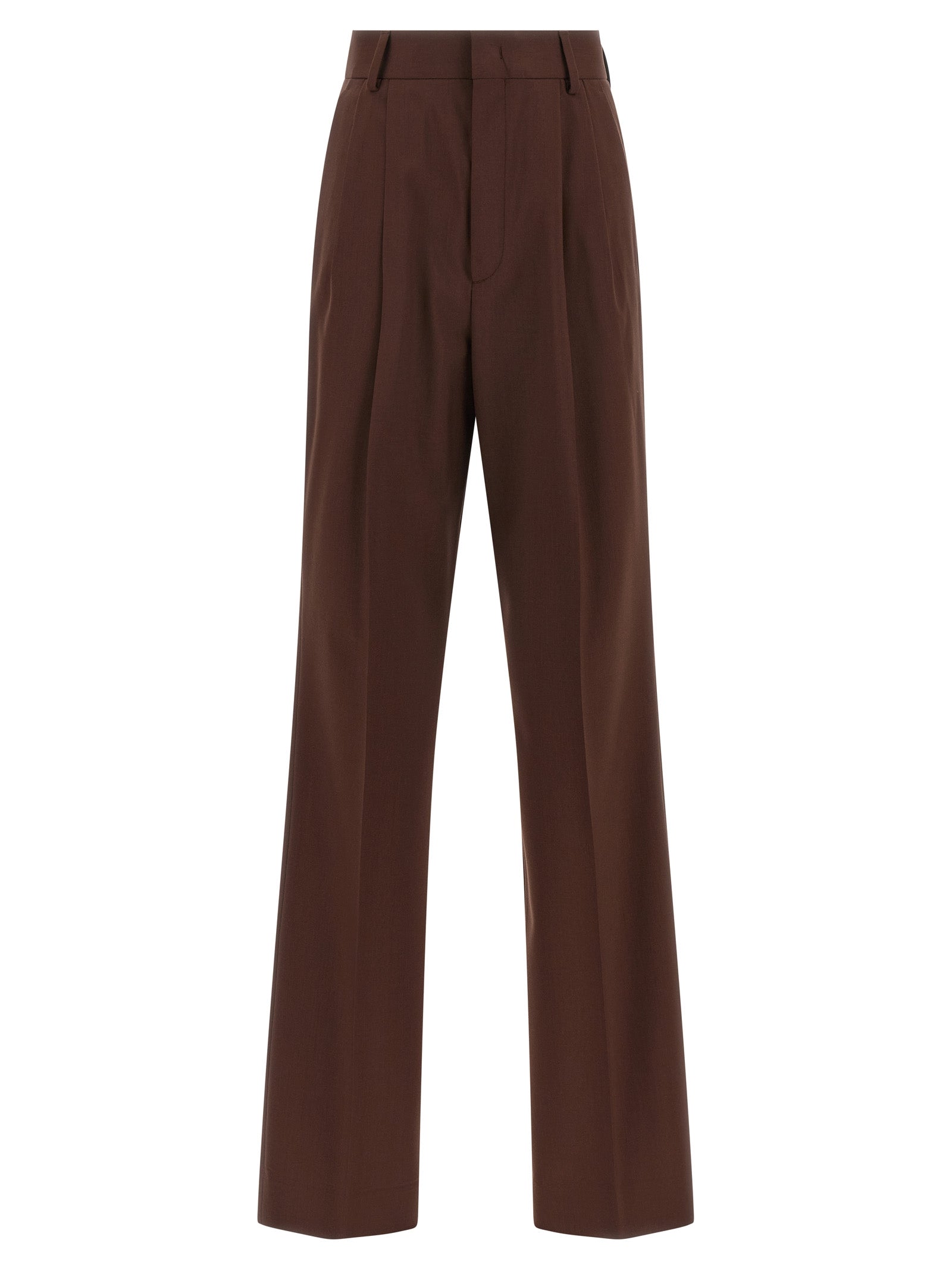 Trousers by Armarium for women in virgin wool brown features a tailored silhouette with a tailored straight-leg, defined by its long and a sophisticated .