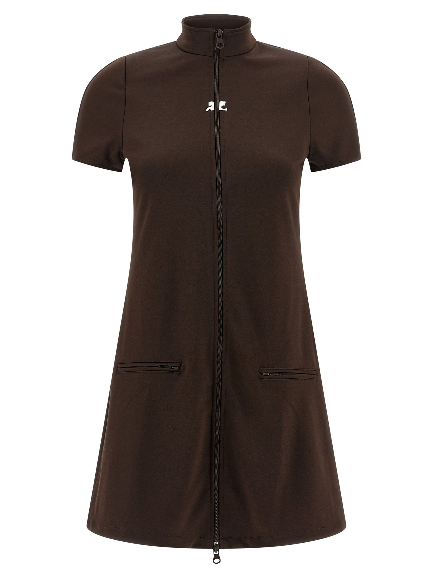 Dress by Courrèges for women in polyester brown & signature features an sultry silhouette defined by a high-neck neckline and short-sleeve, falling to an sultry short mini for a sultry look.