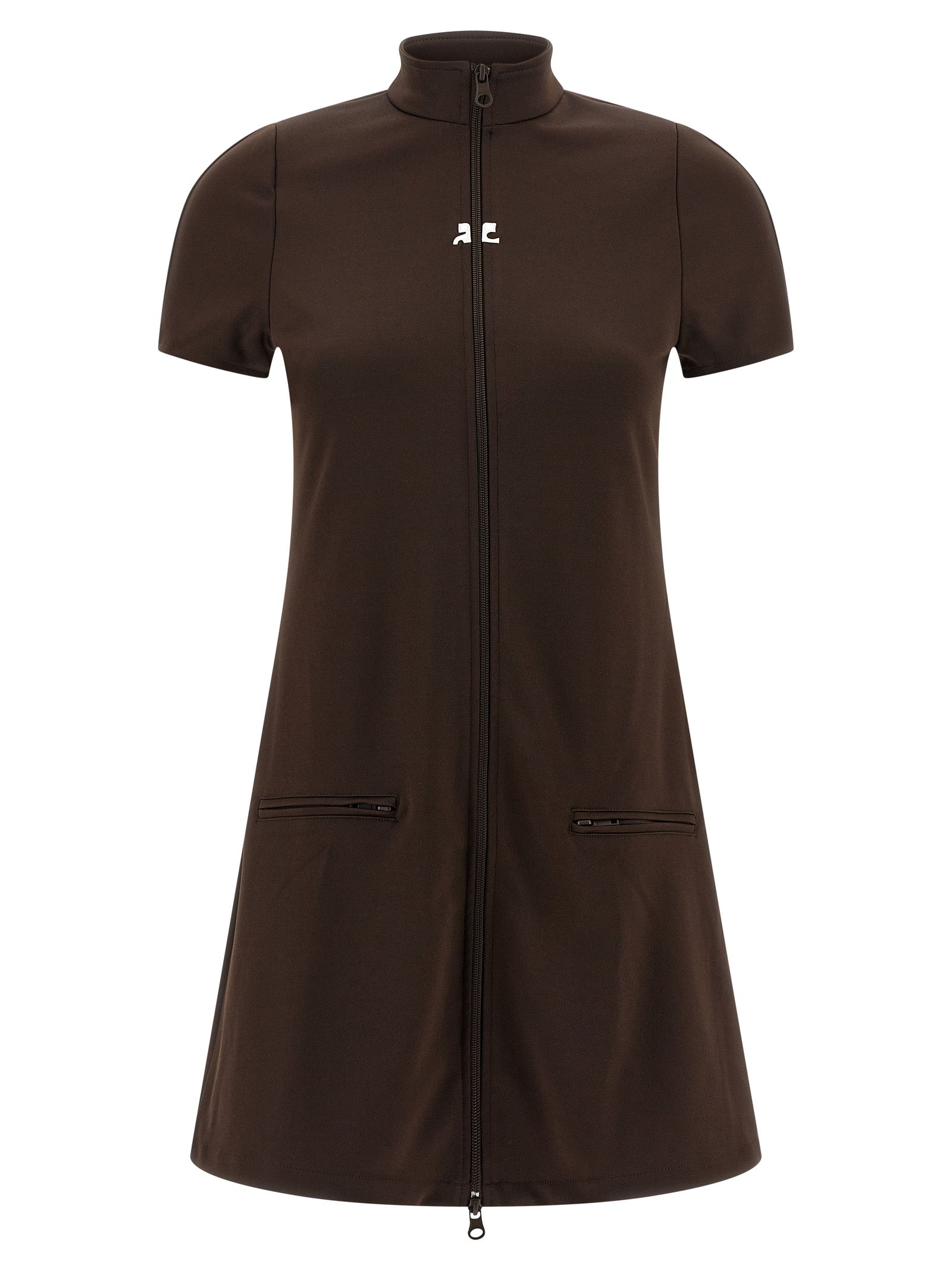 Dress by Courrèges for women in polyester brown & signature features an sultry silhouette defined by a high-neck neckline and short-sleeve, falling to an sultry short mini for a sultry look.