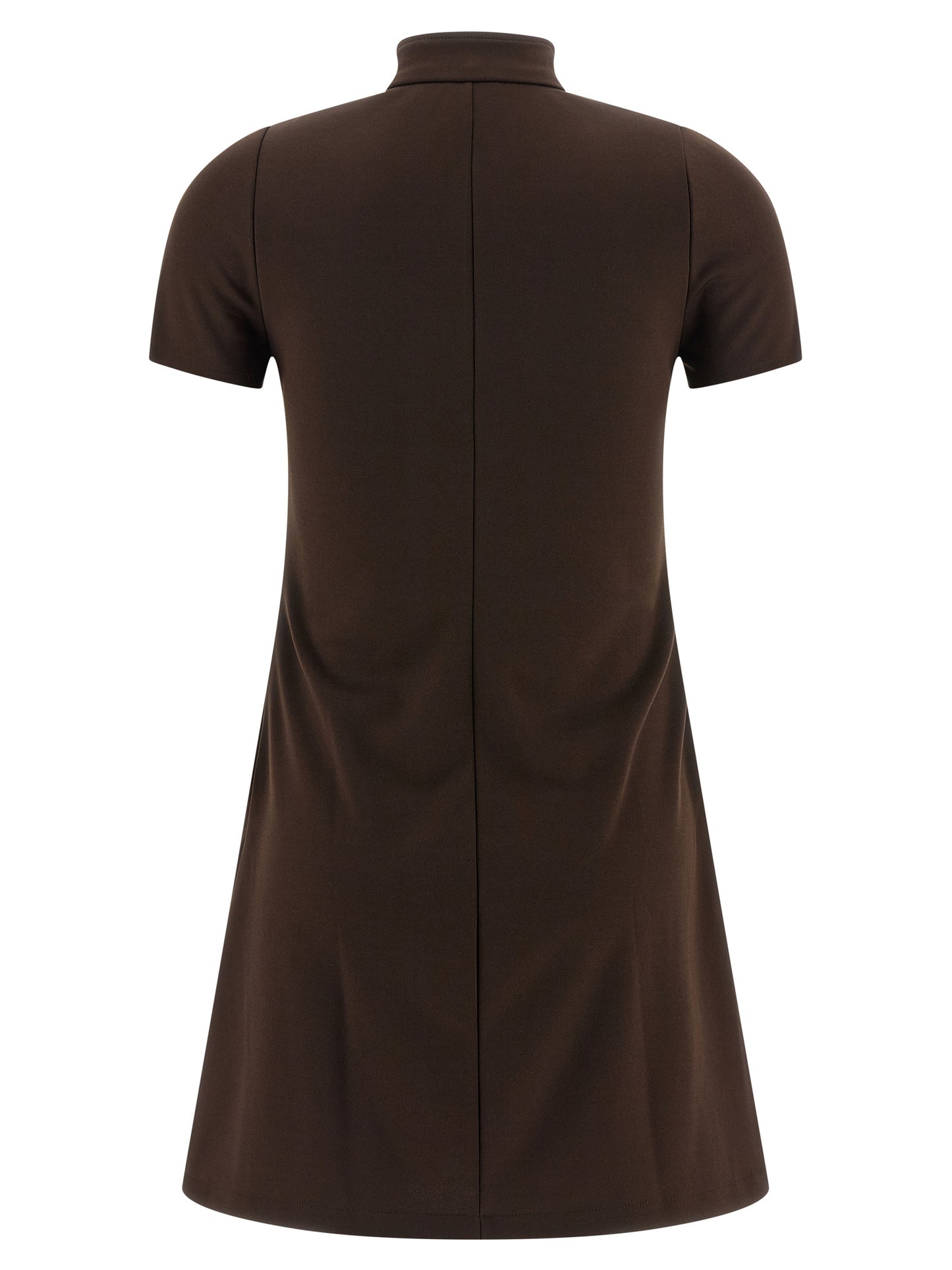 Dress by Courrèges for women in polyester brown & signature features a dramatic silhouette, showcasing an elegant high-neck neckline and that flows into a dramatic short mini.