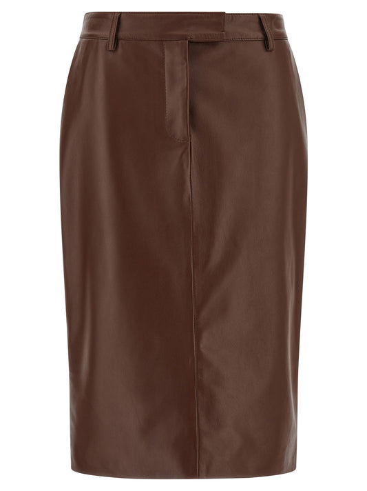 Skirt by Giuseppe Di Morabito for women in leather brown features a contoured silhouette from the Women's Sheath Leather Midi Skirt collection, characterized by its contoured midi for a contoured finish.
