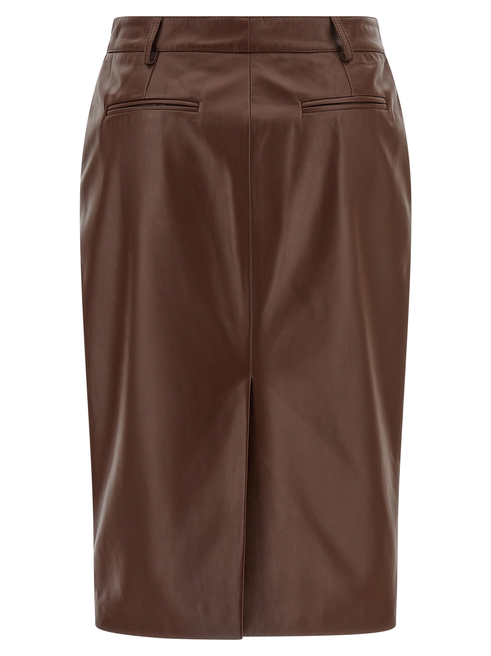 Skirt by Giuseppe Di Morabito for women in leather brown features a sublime silhouette, showcasing the sublime design of the Women's Sheath Leather Midi Skirt in a sophisticated midi.