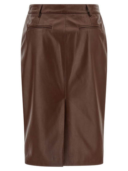 Skirt by Giuseppe Di Morabito for women in leather brown features a sublime silhouette, showcasing the sublime design of the Women's Sheath Leather Midi Skirt in a sophisticated midi.