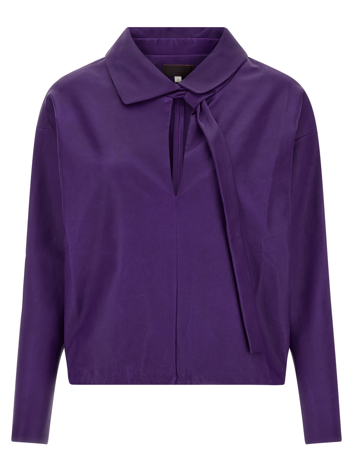 Blouse by STOULS for women in cotton & nappa lamb leather purple features an polished silhouette, showcasing a sophisticated v-neck shirt-collar neckline and long-sleeve detail for a truly polished finish.