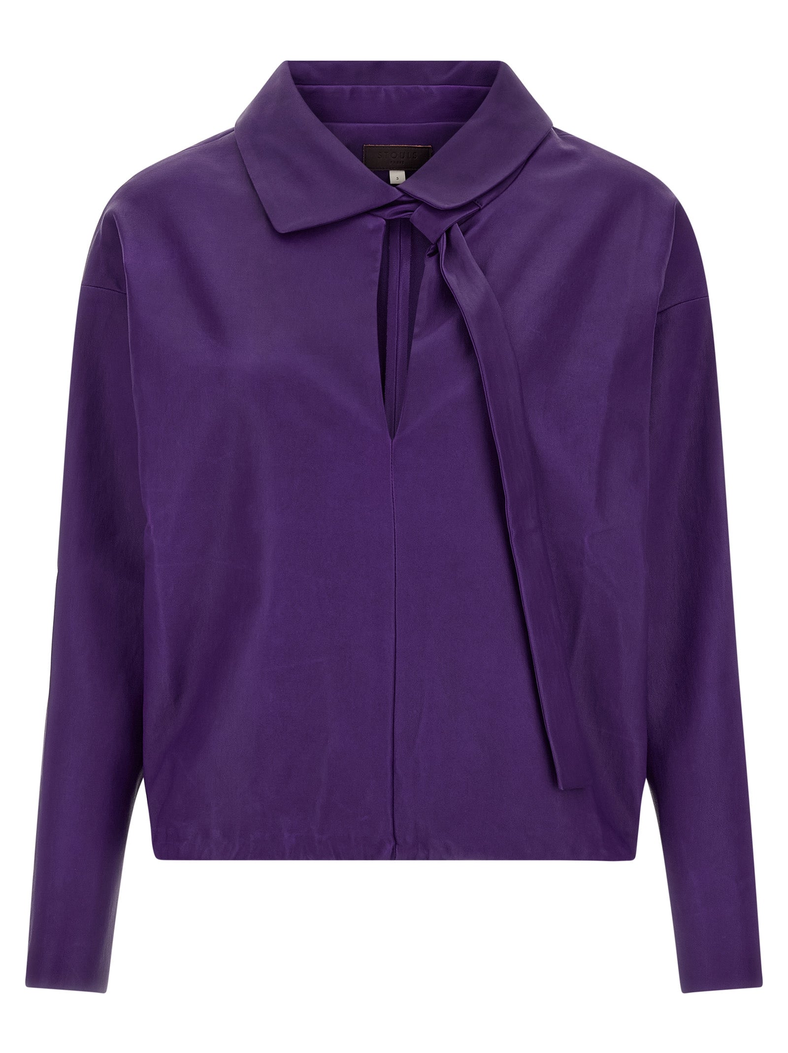 Blouse by STOULS for women in cotton & nappa lamb leather purple features an polished silhouette, showcasing a sophisticated v-neck shirt-collar neckline and long-sleeve detail for a truly polished finish.
