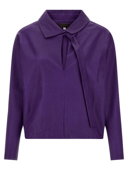 Blouse by STOULS for women in cotton & nappa lamb leather purple features an polished silhouette, showcasing a sophisticated v-neck shirt-collar neckline and long-sleeve detail for a truly polished finish.