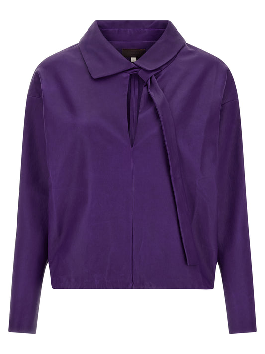 Blouse by STOULS for women in cotton & nappa lamb leather purple features an polished silhouette, showcasing a sophisticated v-neck shirt-collar neckline and long-sleeve detail for a truly polished finish.