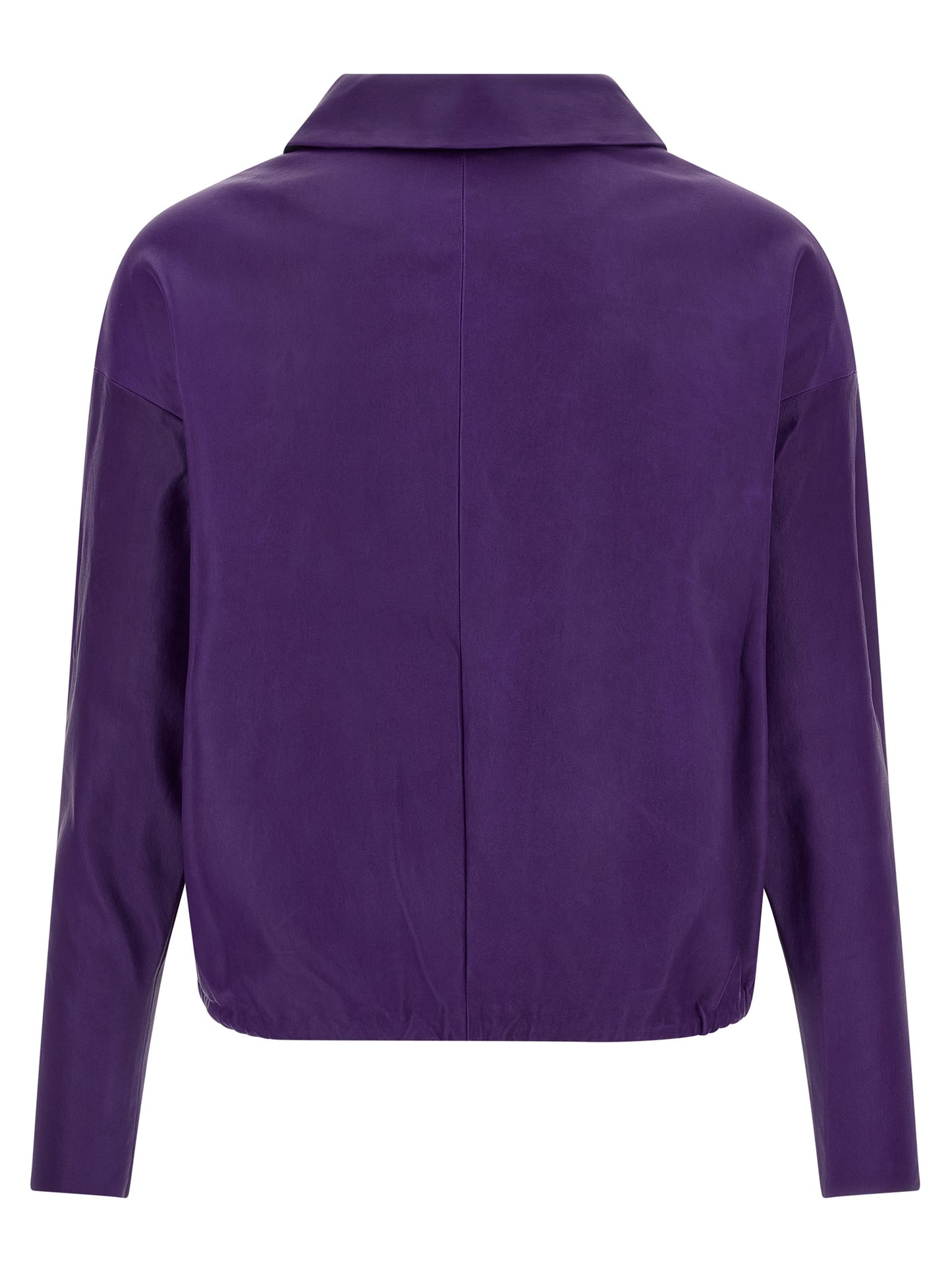 Blouse by STOULS for women in cotton & nappa lamb leather purple showcases a sublime silhouette, artfully detailed with a sublime v-neck shirt-collar neckline and for a sophisticated, sublime finish.