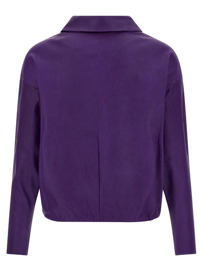 Blouse by STOULS for women in cotton & nappa lamb leather purple showcases a sublime silhouette, artfully detailed with a sublime v-neck shirt-collar neckline and for a sophisticated, sublime finish.