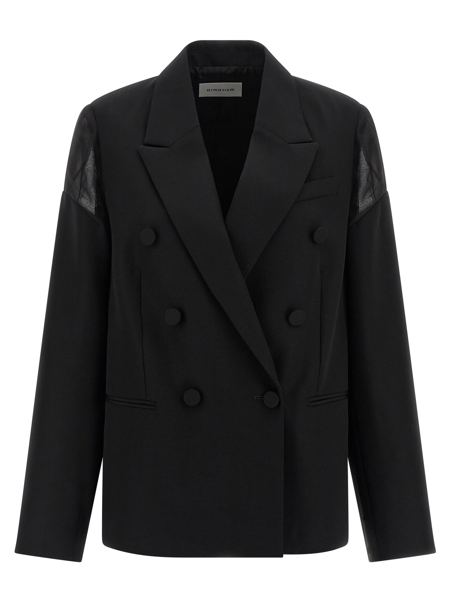 Blazer by Armarium for women in cupro & virgin wool black & transparent showcases a polished silhouette, highlighted by a refined and polished for a sophisticated finish.