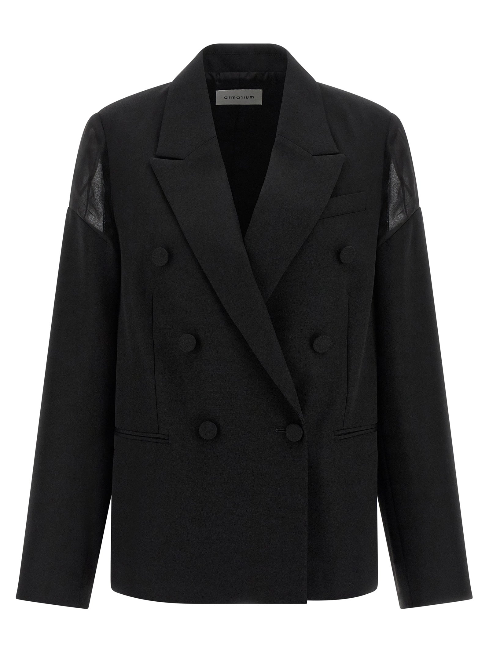 Blazer by Armarium for women in cupro & virgin wool black & transparent showcases a polished silhouette, highlighted by a refined and polished for a sophisticated finish.