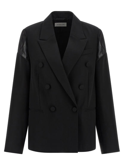 Blazer by Armarium for women in cupro & virgin wool black & transparent showcases a polished silhouette, highlighted by a refined and polished for a sophisticated finish.