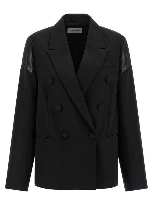 Blazer by Armarium for women in cupro & virgin wool black & transparent showcases a polished silhouette, highlighted by a refined and polished for a sophisticated finish.