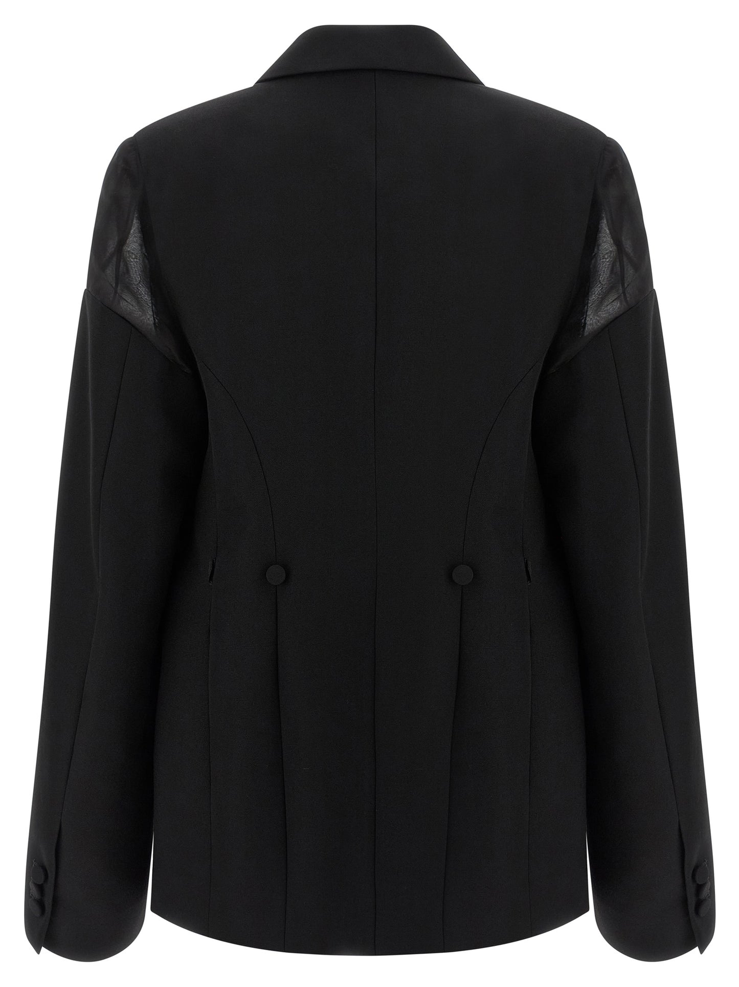 Blazer by Armarium for women in cupro & virgin wool black & transparent showcases a discerning silhouette, elegantly detailed with a sophisticated and premium for a truly discerning finish.