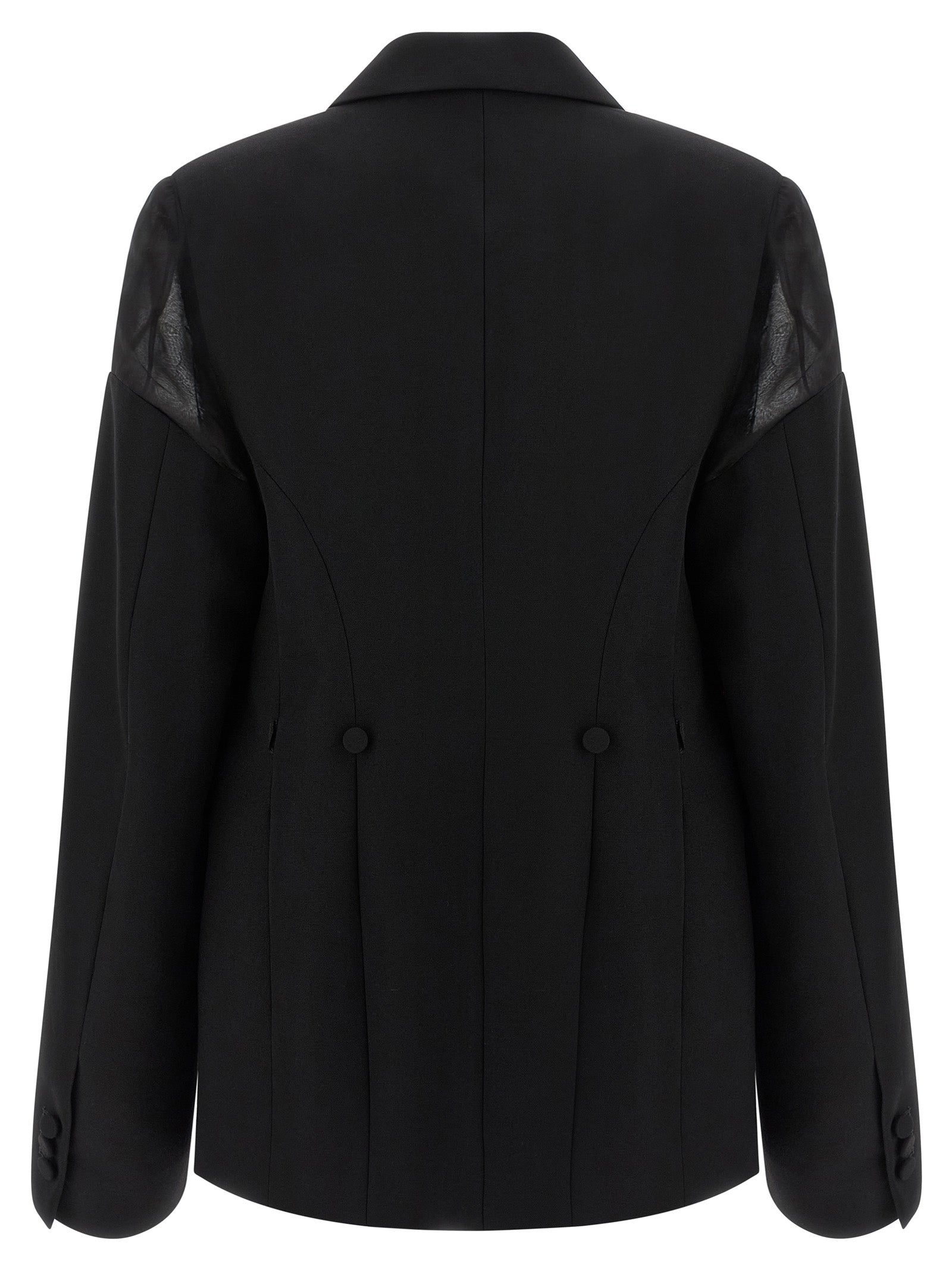 Blazer by Armarium for women in cupro & virgin wool black & transparent showcases a discerning silhouette, elegantly detailed with a sophisticated and premium for a truly discerning finish.