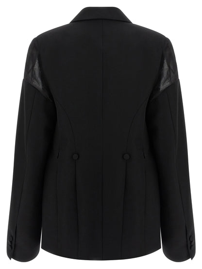 Blazer by Armarium for women in cupro & virgin wool black & transparent showcases a discerning silhouette, elegantly detailed with a sophisticated and premium for a truly discerning finish.