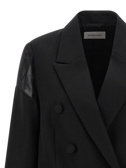 Blazer by Armarium for women in cupro & virgin wool black & transparent features an crisp silhouette with sophisticated and a crisp for a truly crisp finish.