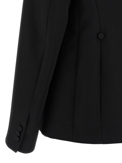 Blazer by Armarium for women in cupro & virgin wool black & transparent presents a distinguished silhouette, detailed with a distinguished and distinctive for a truly sophisticated finish.