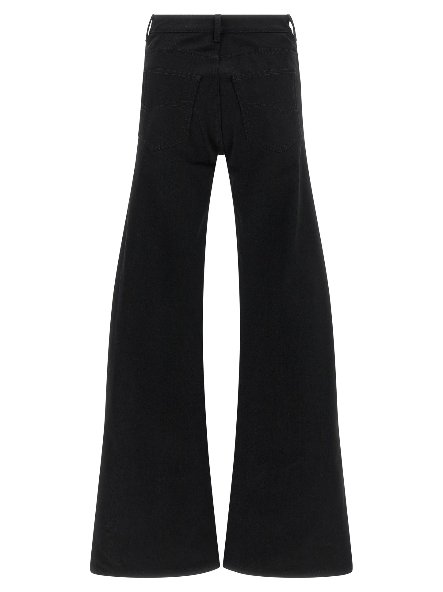 Jeans by Balenciaga for women in denim cotton black & signature features a polished silhouette with a polished straight, flared & wide, reaching a polished long and finished with a polished mid rise.