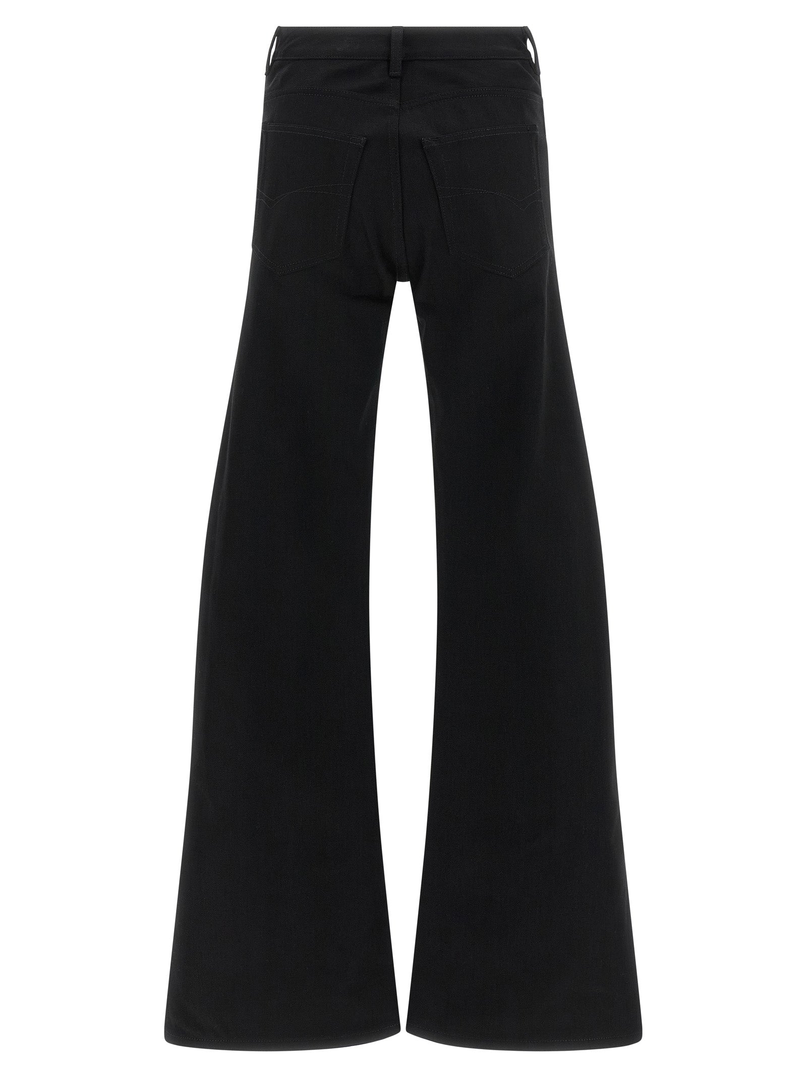 Jeans by Balenciaga for women in denim cotton black & signature features a polished silhouette with a polished straight, flared & wide, reaching a polished long and finished with a polished mid rise.