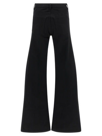 Jeans by Balenciaga for women in denim cotton black & signature features a polished silhouette with a polished straight, flared & wide, reaching a polished long and finished with a polished mid rise.