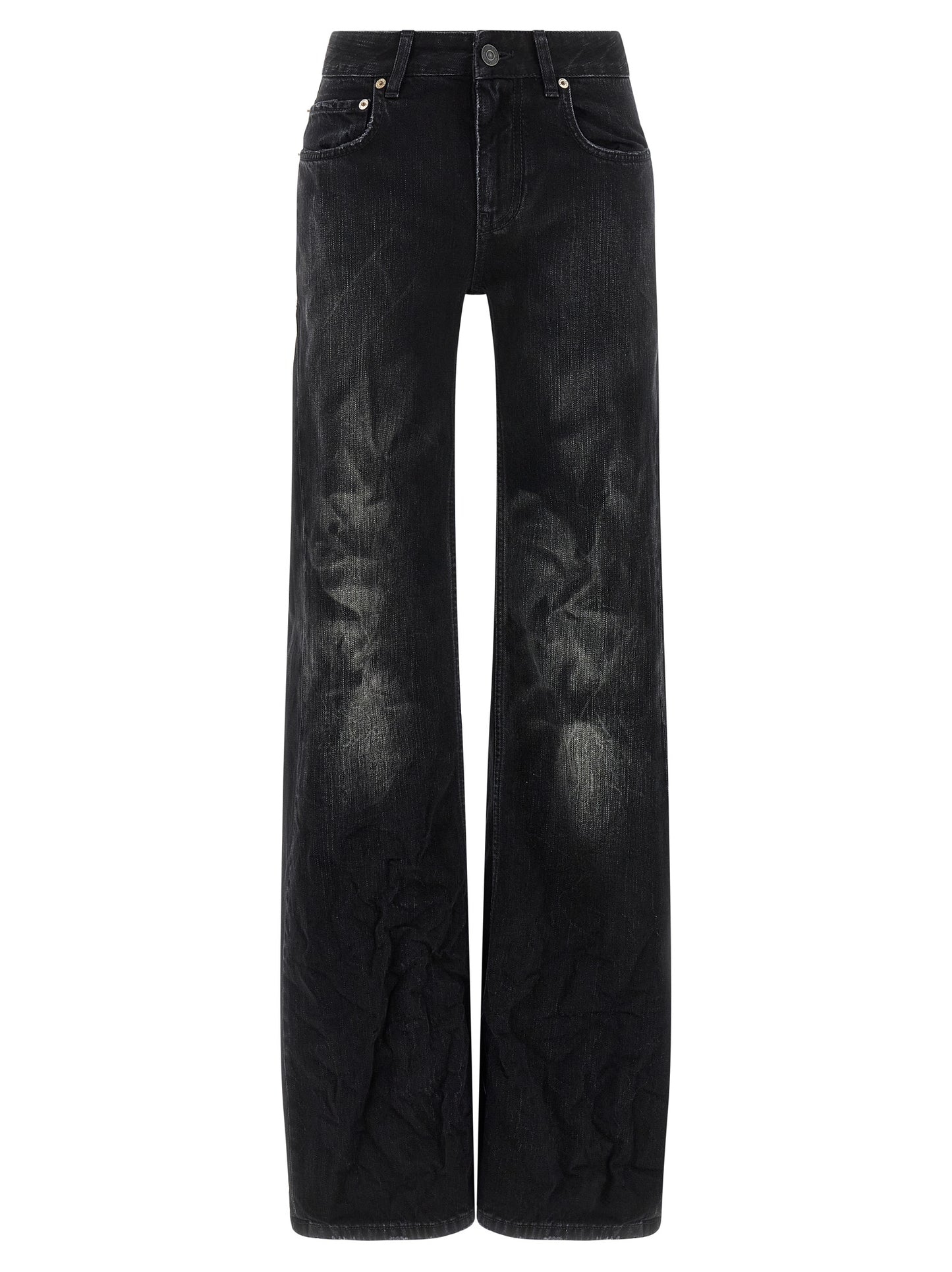 Jeans by Balenciaga for women in denim cotton black features an sartorial flared & wide and long with a cut for a sartorial finish.