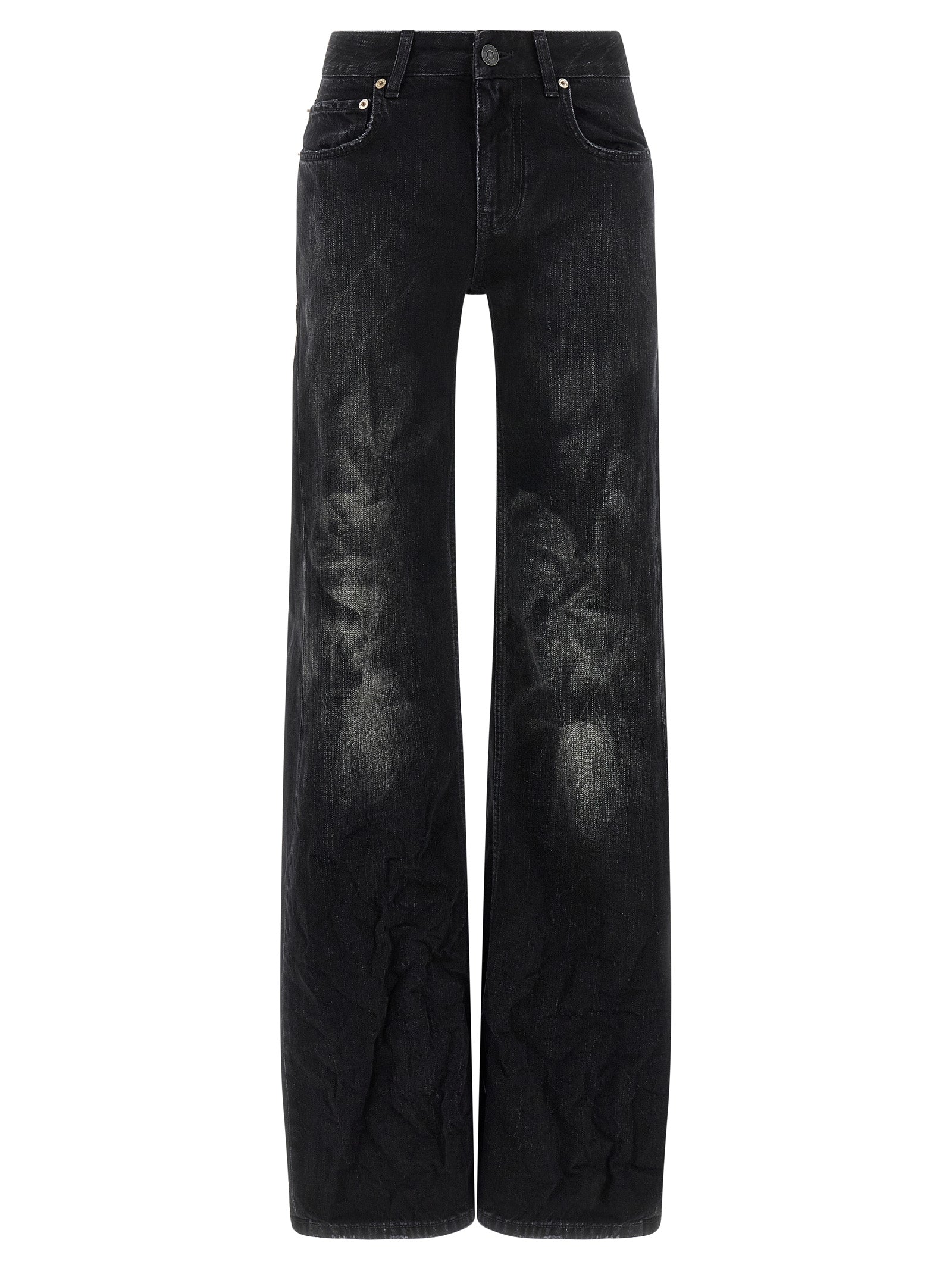 Jeans by Balenciaga for women in denim cotton black features an sartorial flared & wide and long with a cut for a sartorial finish.